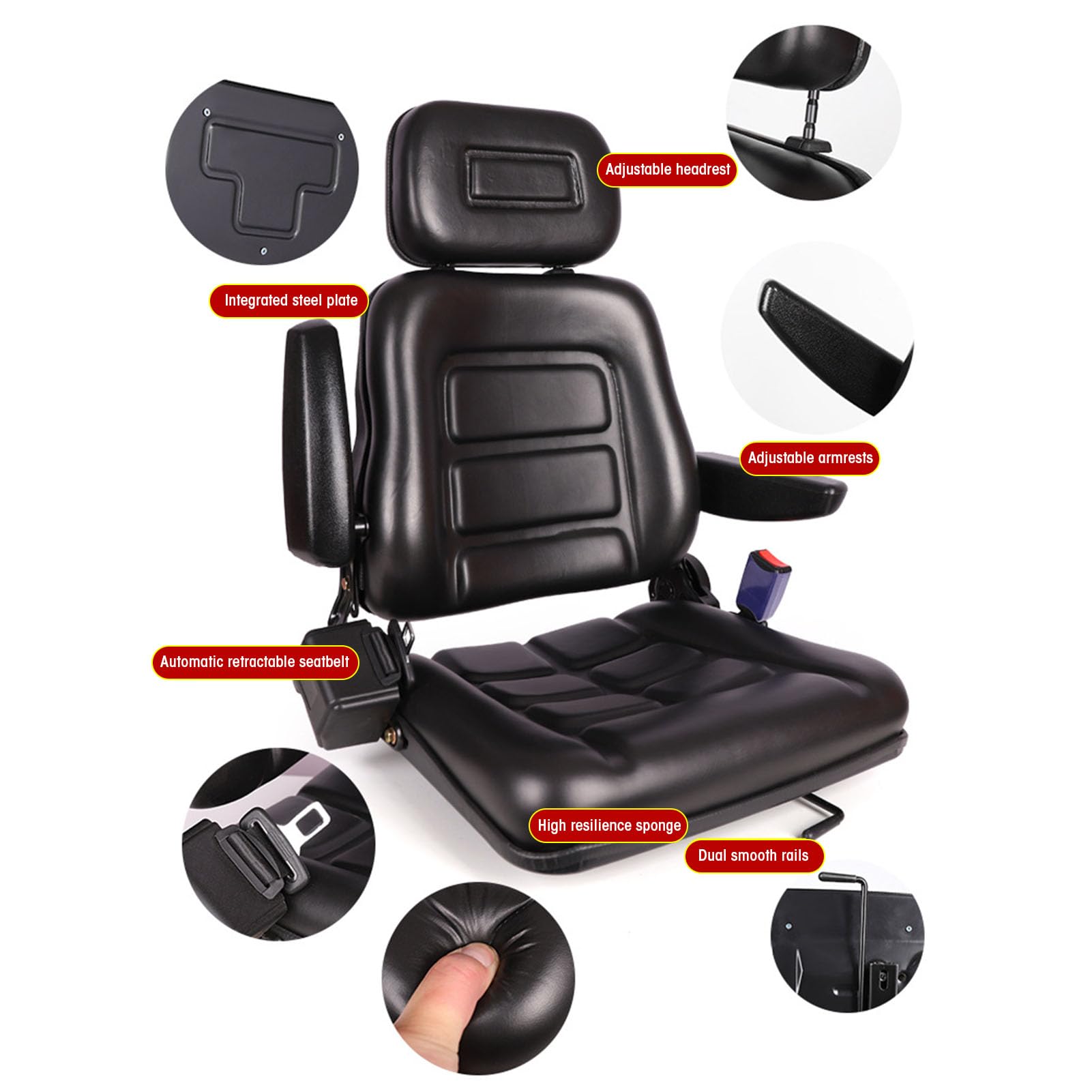 Fabater Bequeme Gabelstapler -Passform für Sitz mit Folienschiene für Mäherbagger, PVC -Ledermaterial, Schwarze Farbe (Mit Armlehne)