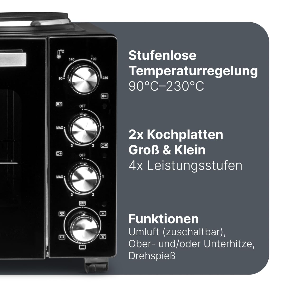 ProfiCook Minibackofen mit Kochplatten und Drehspieß | 32L | Umluft, Oberhitze, Unterhitze, Drehspieß | Kochen und Backen gleichzeitig | Backofen klein | Mini Backofen mit Umluft | PC KK 1302