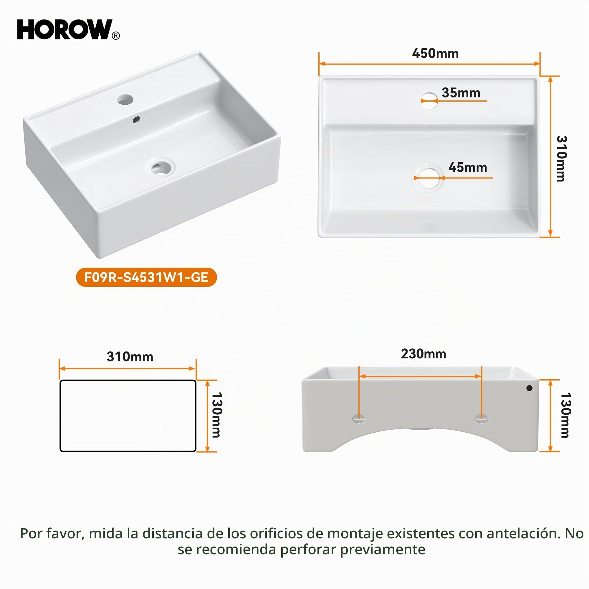 HOROW Lavabo pequeño blanco cuadrado de pared para invitados, lavabo colgante o lavabo, lavabo con orificio para grifo, 45 x 31 cm, sin grifo