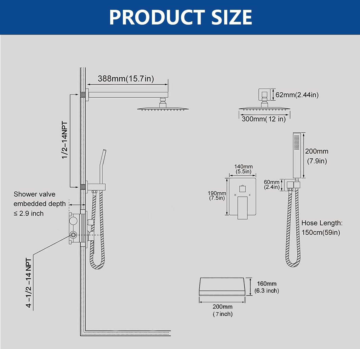 12 Inch Shower System with Tub Spout & 12 Inch Shower Faucet Set, Brushed Nickel