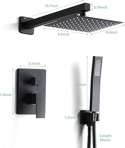 Miniatura 7 de RTTWYYUU Juego de cabezal de ducha y mango negro mate de 8 pulgadas, cabezal de ducha de lluvia con 2 ganchos, juego de ducha de lluvia de lujo,