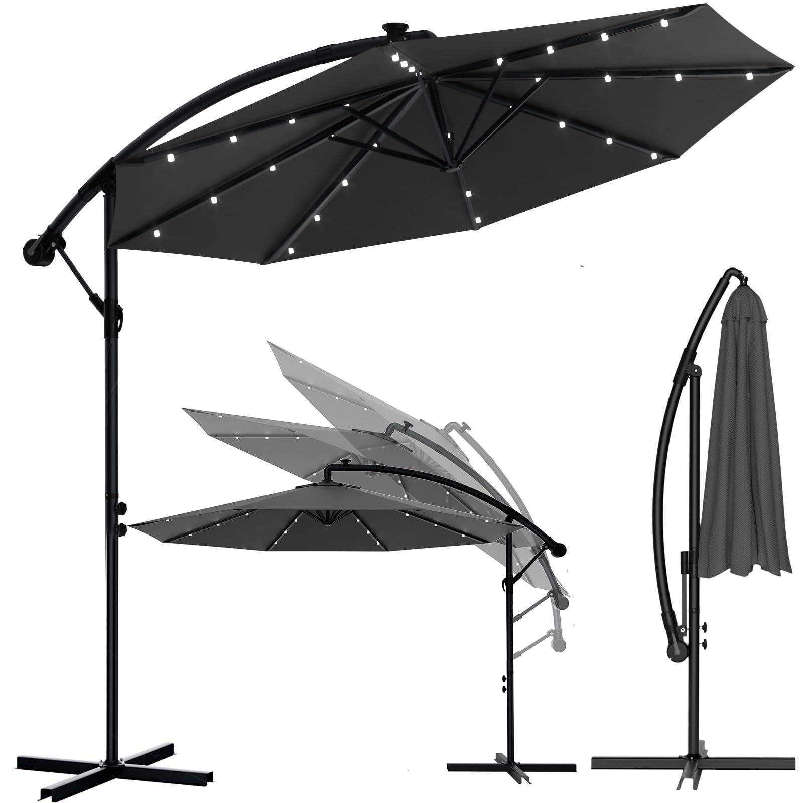 Huracan parasol déporté avec pied & couverture, solaire LED grand parasol à manivelle, pivotant à 360°, aluminium pliable, protection UV, inclinable, pour balcon, terrasse, jardin