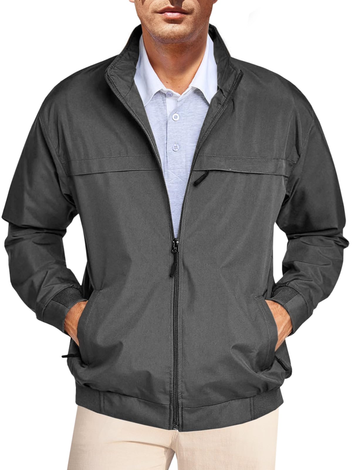 Runcati Men's Lightweight Full Zip Jackets Golf Stand Collar Bomber Jacket Casual Windbreaker Outwear