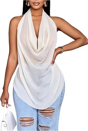 OYOANGLE Cowl Neck Halter Tops for Women Backless See Through Draped Top