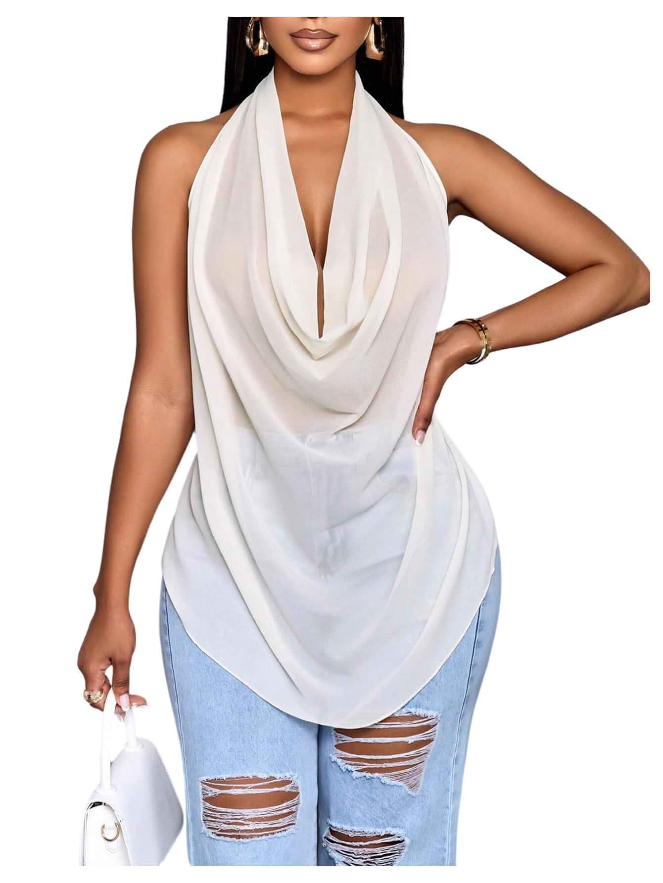 OYOANGLE Cowl Neck Halter Tops for Women Backless See Through Draped TopChiffon,Sleeveless,Sheer Mesh,Rave Top，Sexy Party Clubwear，Festival Concert Outfits,Y2k Going Out Tops