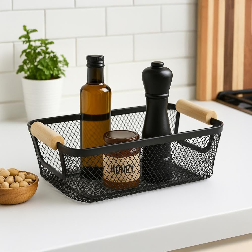 Wakefit Metal Wire Storage Organizer Basket with Side Handles | Mesh Open Storage Bin for Kitchen, Pantry, Bathroom & Closet | Rectangle Basket for Fruits, Vegetables, Books | Black | 40x21x13 CM-picture-15