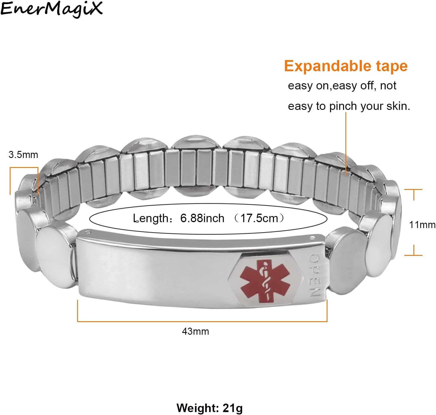 Medical Alert Id Bracelets for Women, 6.88in Stainless Steel Elastic Bracelet for Diabetes Type 1 2, Allergy(Silver) - Image 2