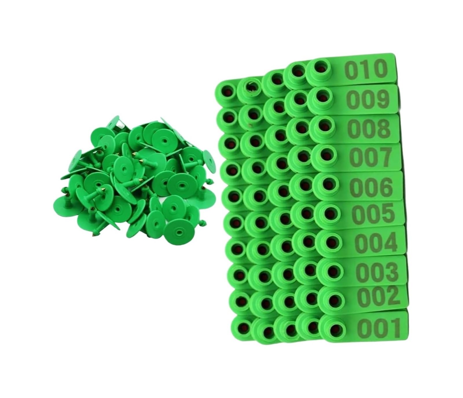Kolczyki na uszy dla bydła, opakowanie 100 sztuk, 51 x 18 mm, wielokolorowe, ponumerowane 001-100(Green)