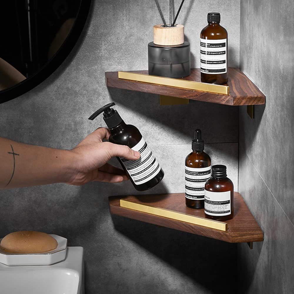 XYIANG Corner Shower Caddy Bathroom Shelf Floating Shelves Solid Wood Wall Mounted Shampoo Shower Shelf Brushed Gold Storage