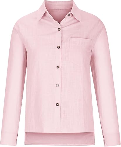 Miniatura 5 de SMIDOW Camisas de lino de algodón con botones para mujer, cuello en V, manga larga, enrollables, blusas de cuello holgado, blusas casuales de trabajo