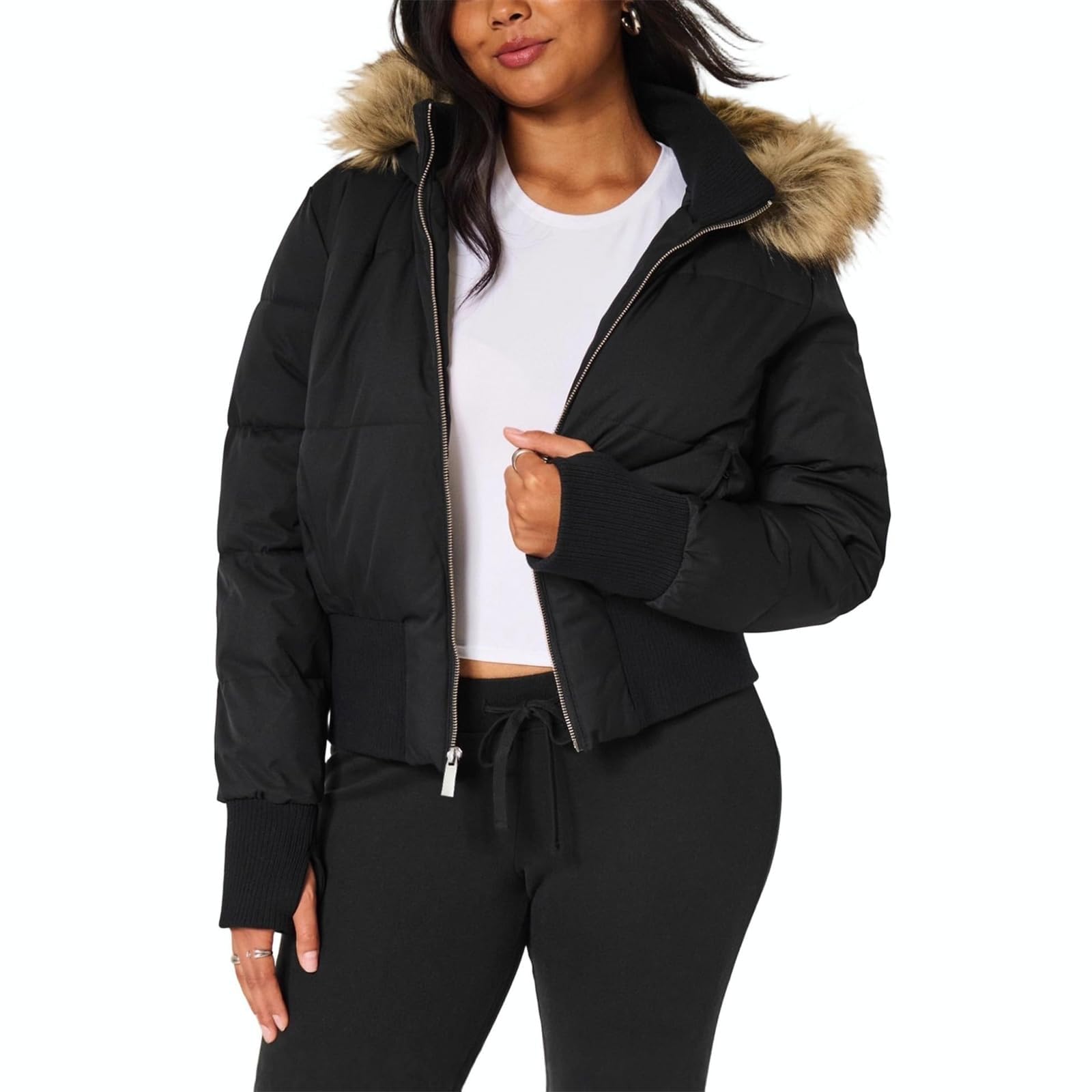 Doudoune courte à capuche en fausse fourrure pour femme, manteau bomber matelassé chaud et rembourré, tendance avec poche à fermeture éclair, manteaux d'hiver décontractés