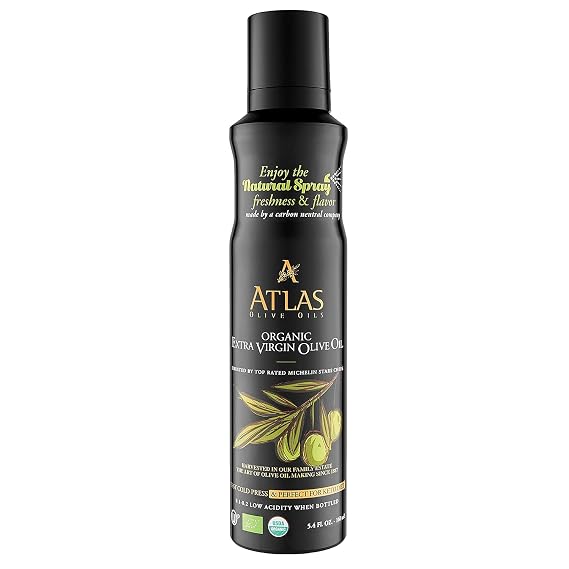 Extra Virgin Olive Oil Bundle by Atlas, Organic Olive Oil, Non-stick Cooking Spray and Extra Virgin Polyphenol Rich Moroccan Oil, Cold Pressed EVOO Oil, 17 fl oz. Bottle and 5.4 fl oz. Grill Spray