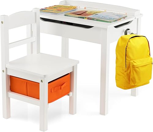 Miniatura 65 de HONEY JOY Juego de mesa y silla para niños, escritorio y silla de madera con cajón, soporte para rollo de papel y 2 rotuladores, juego de mesa de