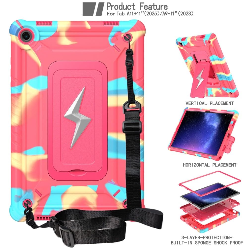 Generic etui kompatybilne z Samsung Galaxy Tab A9 8,7 X115 (kolor: kamuflaż i czerwona róża) stojak twardy tył twardy silikon pełne etui z paskiem na ramię