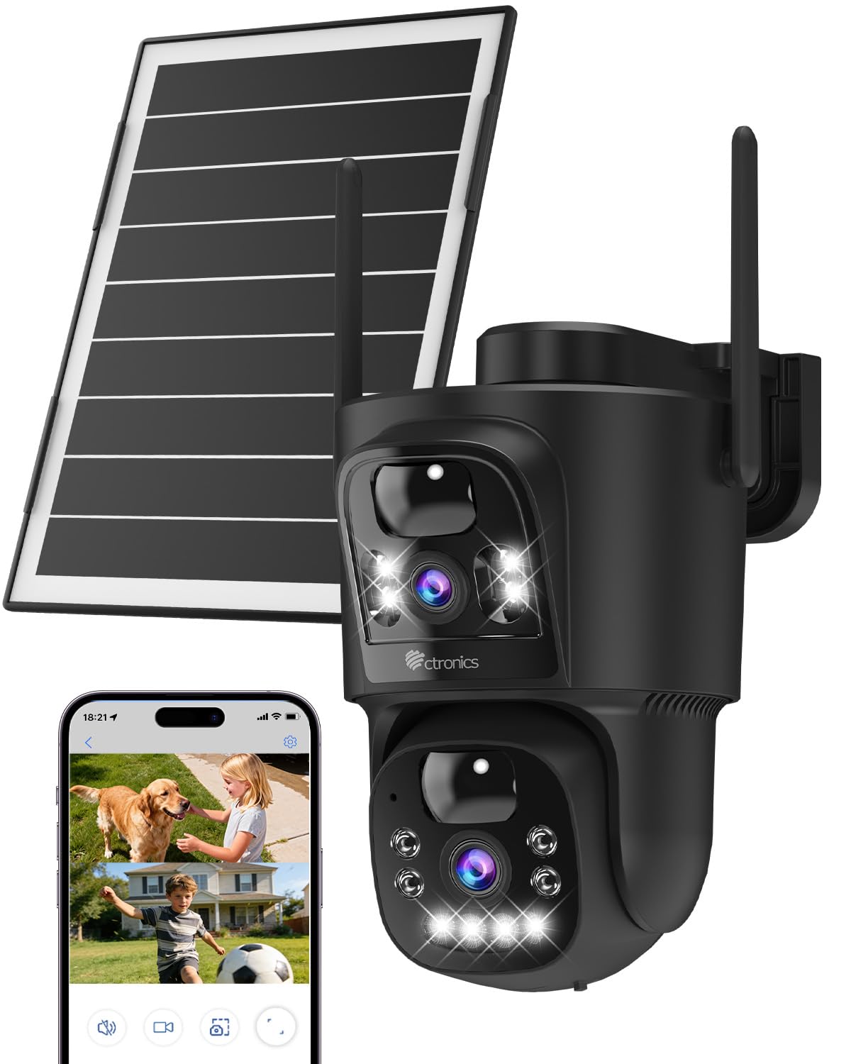 Ctronics Double Objectif Camera Surveillance WiFi Exterieure sans Fil, 2.4/5GHz WiFi Caméra, 8W Panneau Solaire & 10400mAh Batterie, Double PIR, Vision Nocturne Couleur, 128GB TF/Cloud/PC, IP66