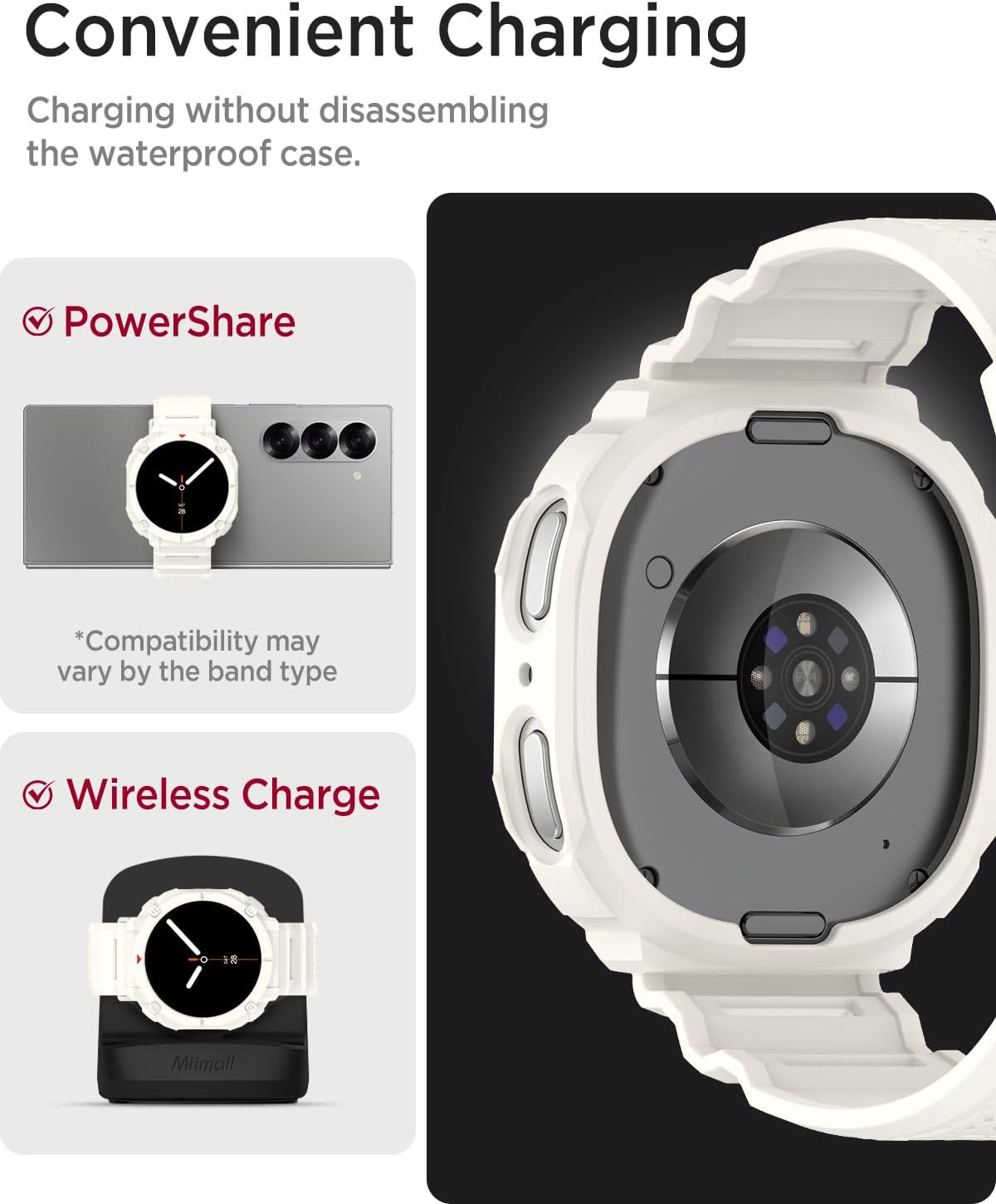 Miimall Sport Case Band for Samsung Galaxy Watch 8 44mm Cases with Band for Men, Shockproof, Scratch Resistant, Armor TPU Cover with Adjustable Strap Protective Bumper for Galaxy Watch 8, Cream White