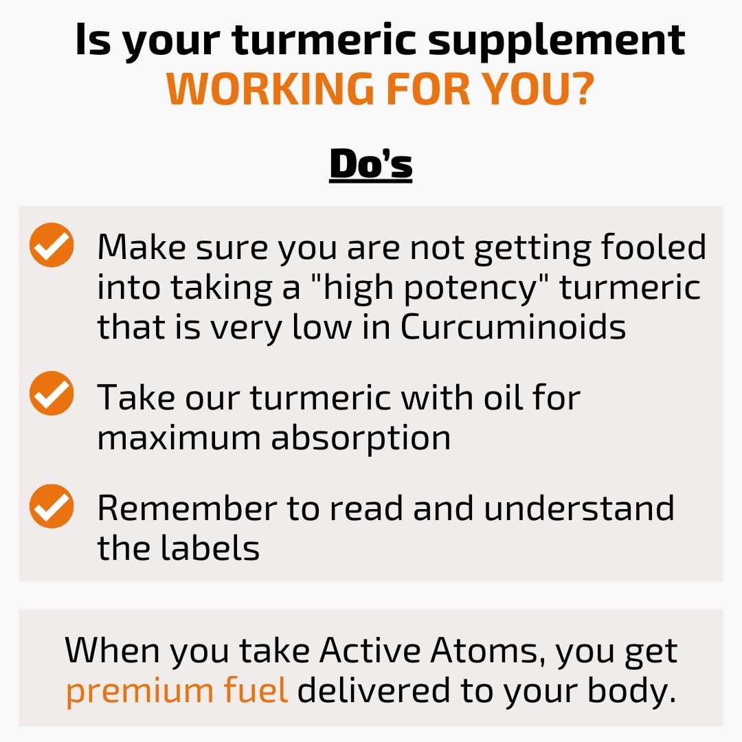 Active Atoms Turmeric Extract, Extra Strength with BioPerine® Black Pepper 750 mg Turmeric Extract per One 00" Capsule, Standardized 95% Curcuminoids, Non-GMO, 60 Veggie Capsules 60 Day Supply