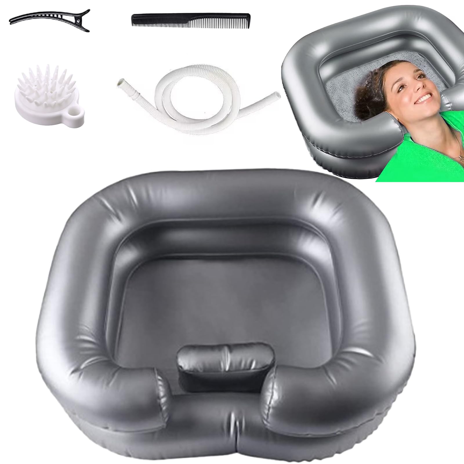 Lavacabezas Portatil para Casa con Almohada Pequeña & Tubo Drenaje 1M, Lava Cabezas Hinchable, Lavabo Champú Lavar Móvil,Equipo Cabello Lavado Inflable para Personas Discapacitades,Embarazadas,Mayores