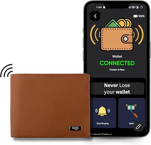 tag8 Dolphin Smart Leather Wallet for Men, GPS Bluetooth Tracker Enabled Purse for Men to Find & Locate It, Anti-Theft RFID Blocking Wallet with 8 Card Slot, Works with Android & iOS, Timeless Tan