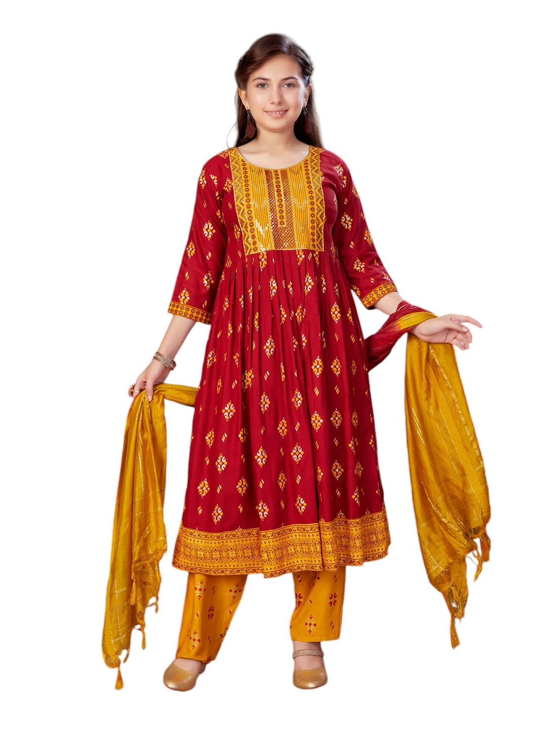 Aarika Girls Ethnic Wear Maroon Colour Foil Print Sequin Rayon Kurti (9-16 Years)
