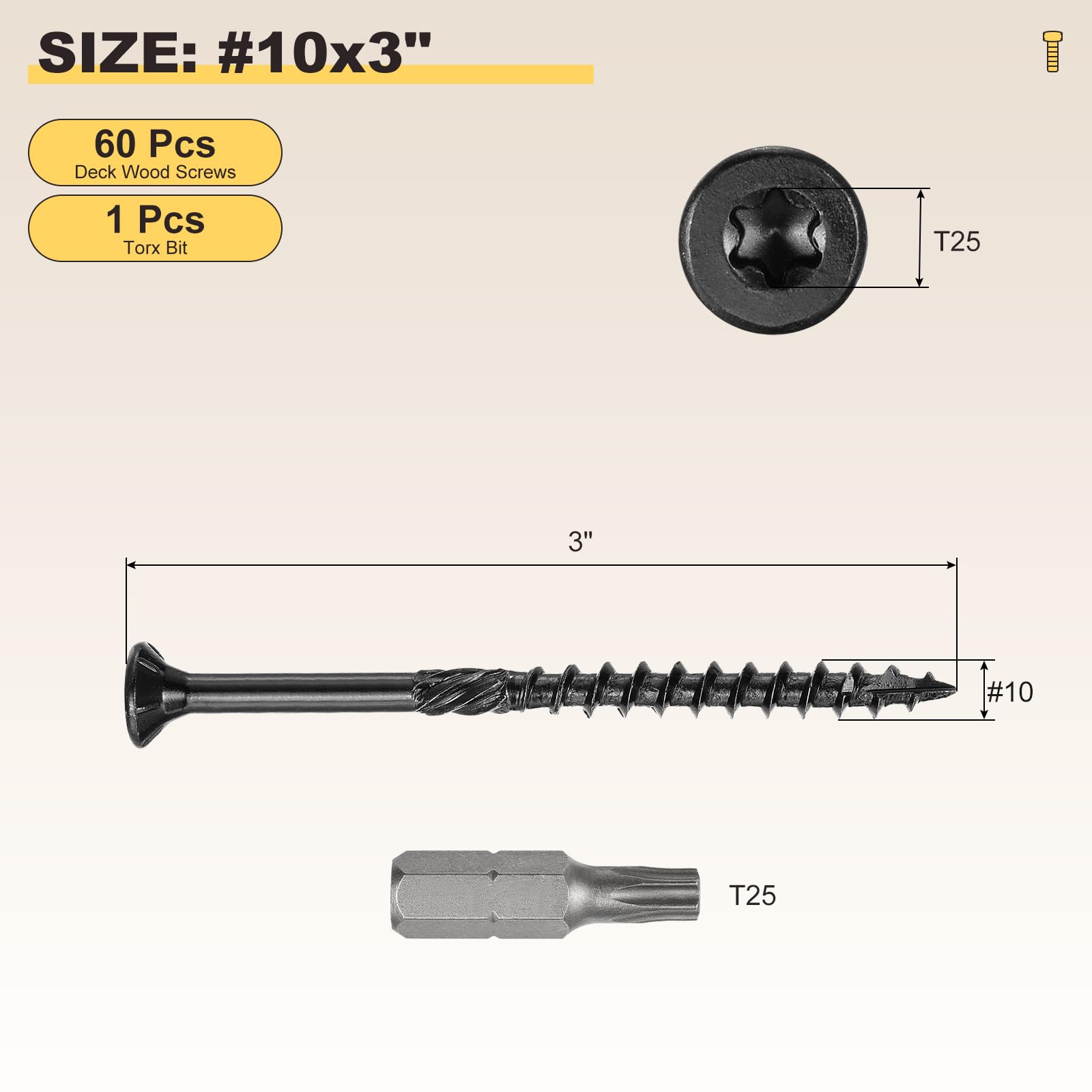 METALLIXITY Deck Screws (#10x3") 60Pcs, Carbon Steel Wood Screw Decking Screws Epoxy Coated with T25 Torx Drive Head - Image 2