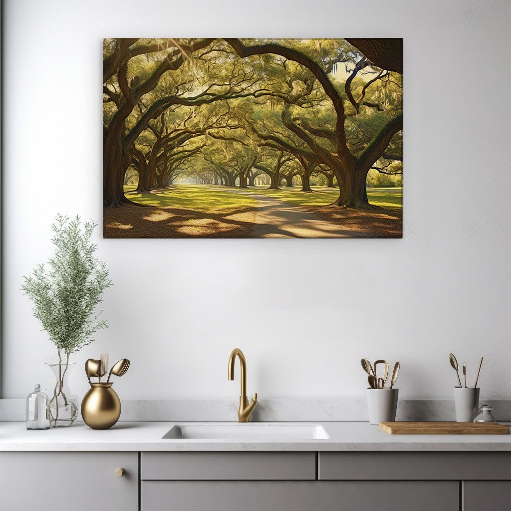 Canvas for Living room. Whispers of Dawn A Journey Down the Sun-Kissed Oak Canopied Pathway, 27 x 18 inch Canvas Wall Art - Modern Home Decor - 69x46 cm (27x18 inch)