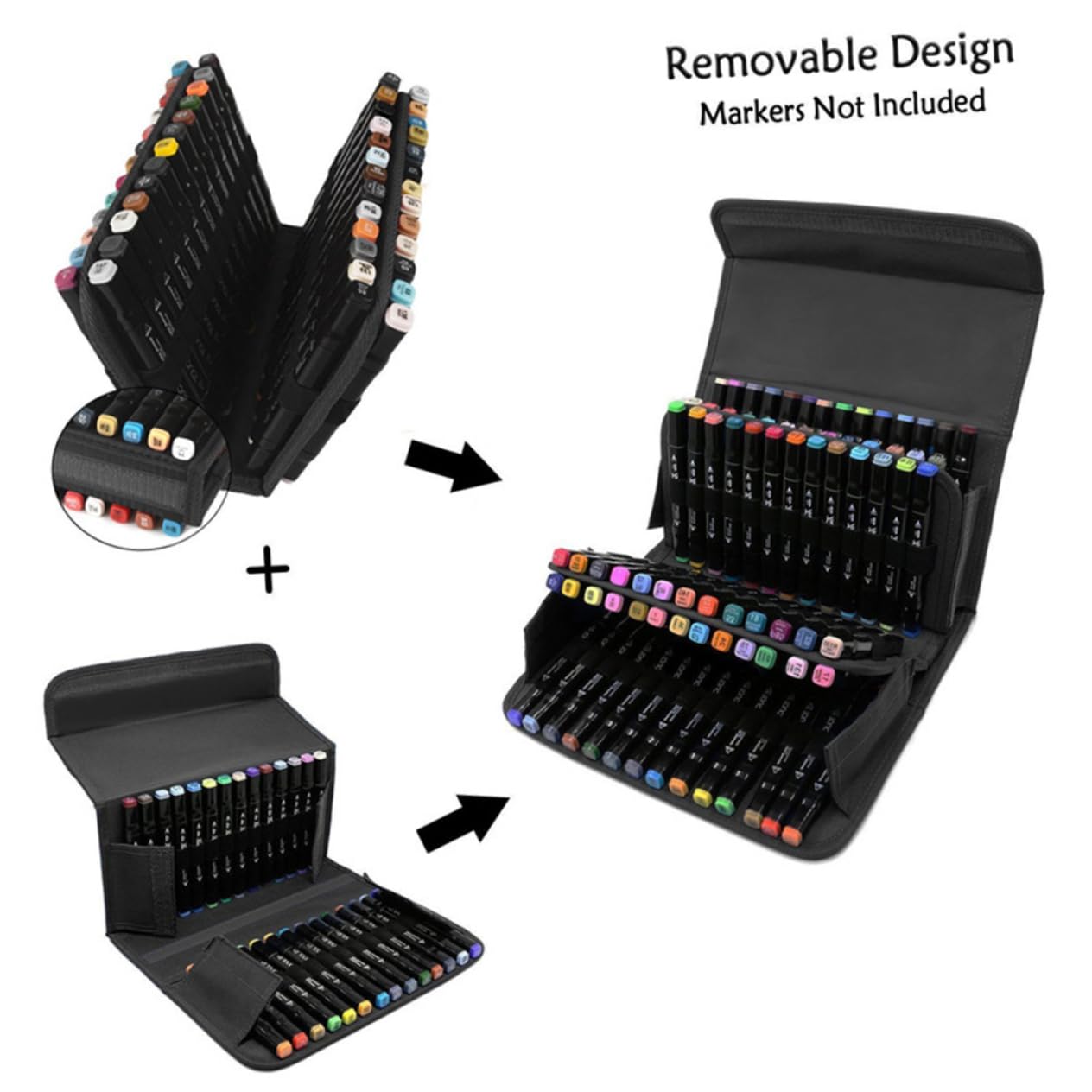 POPETPOP Astuccio Porta Pennarelli 80 Slot Nero con Organizer e Tracolla Regolabile per Viaggi e Scuola