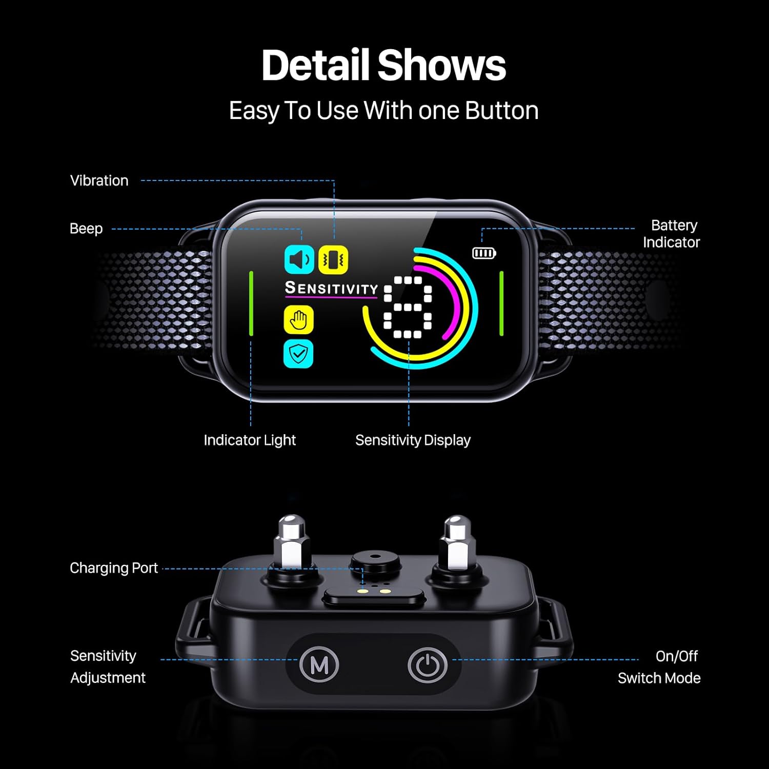 Detailed diagram of the DINJOO Bark Collar showing labels for Vibration, Beep, Indicator Light, Sensitivity Display, Battery Indicator, Charging Port, Sensitivity Adjustment button (M), and On/Off Switch Mode button.
