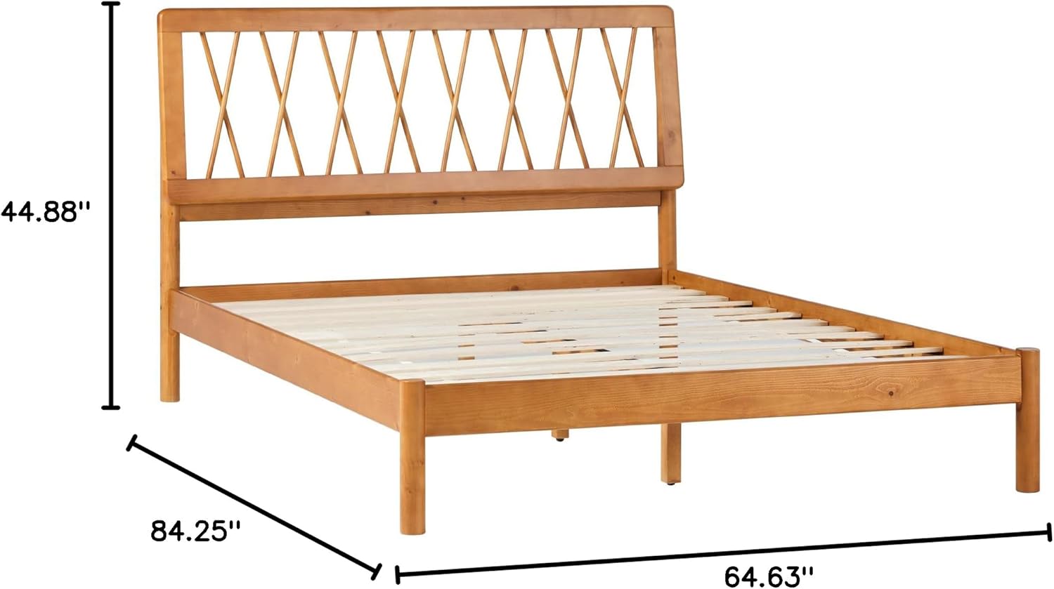 Walker Edison Queen Transitional Geometric X Pattern Headboard Solid Wood Bed, Queen Size, Caramel