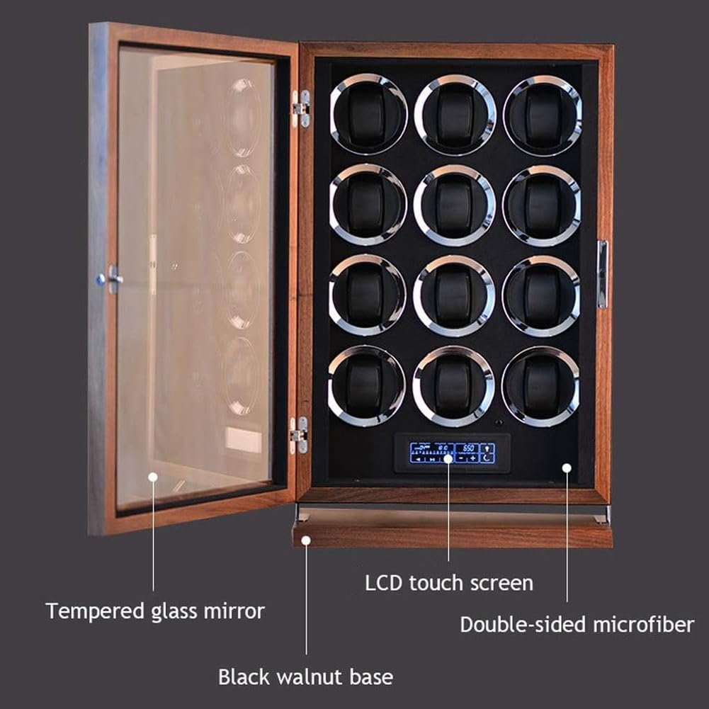 Relojero Automatico, Bobinadora de Relojes Madera Maciza de Nogal Negro 12 Winding Slots | Vertical con Reinicio Automático Totalmente Antimagnético Ultrasilencioso con Iluminación Ambiental Led