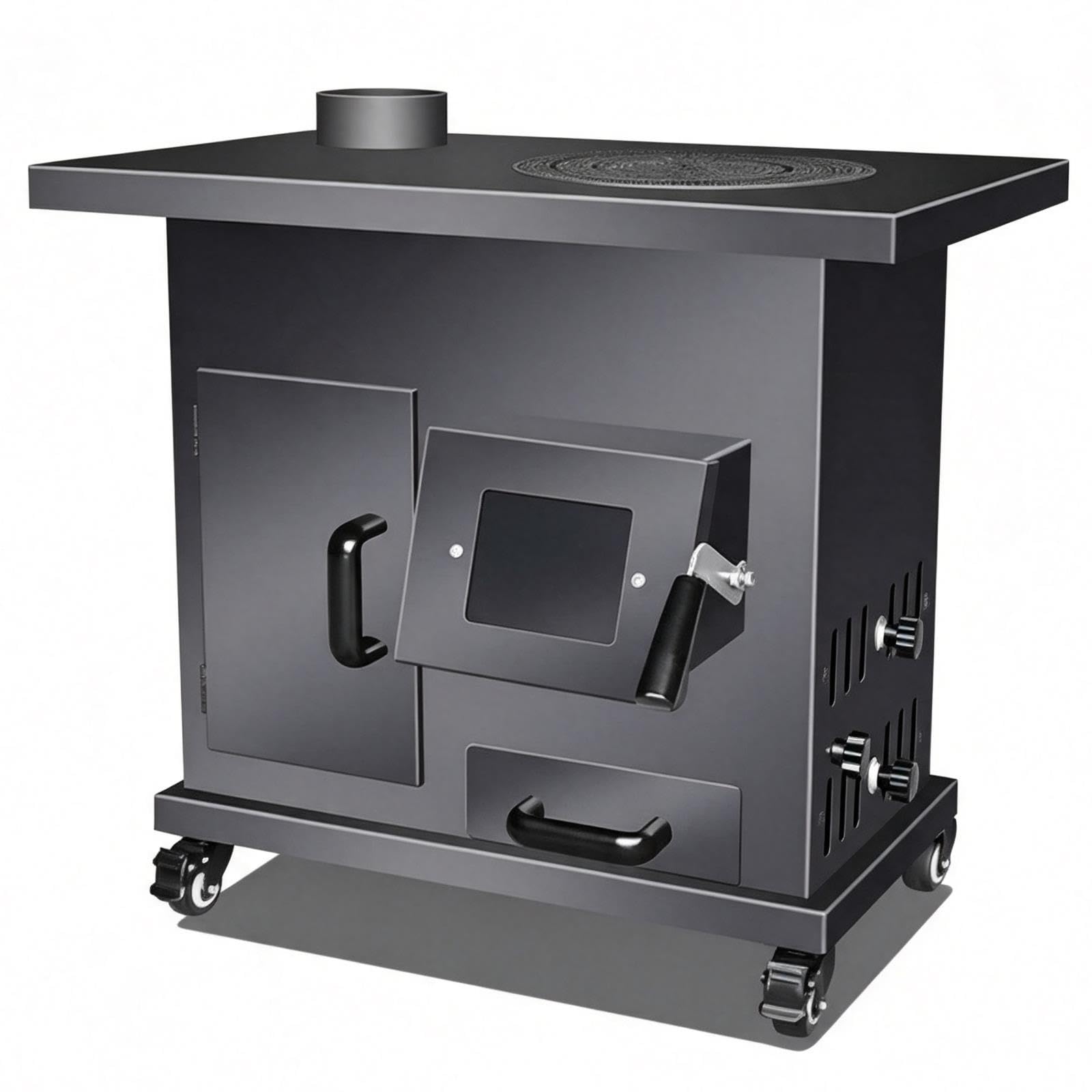 Stufa a Legna con Forno in Ghisa Cassetto Cenere Finestra Visione | Funzione Legna e Carbone, Saldatura senza Giunti, Stufetta a Legna da Interno, per Campeggio Riscaldamento e Cucina(L)