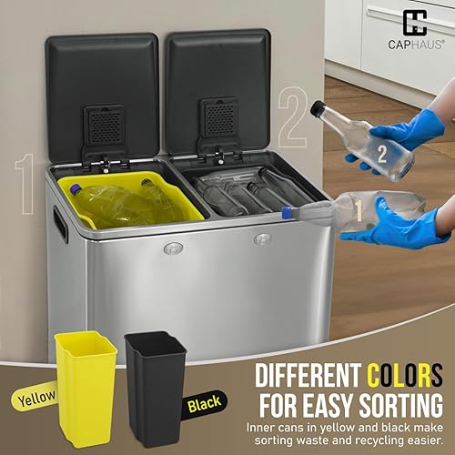 Miniatura 6 de CAPHAUS Bote de basura doble con doble tapa, combo de contenedores de basura y reciclaje, cubo de basura de acero inoxidable manos libres para