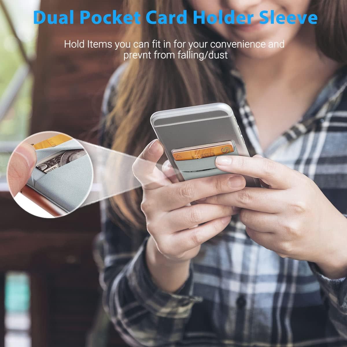 OBVIS 2 Pack Stick On Wallet Sleeve Cell Phone Dual Pocket Card Holder Double Pocket Pouch for iPhone Android Smartphone (2Pack Gray)