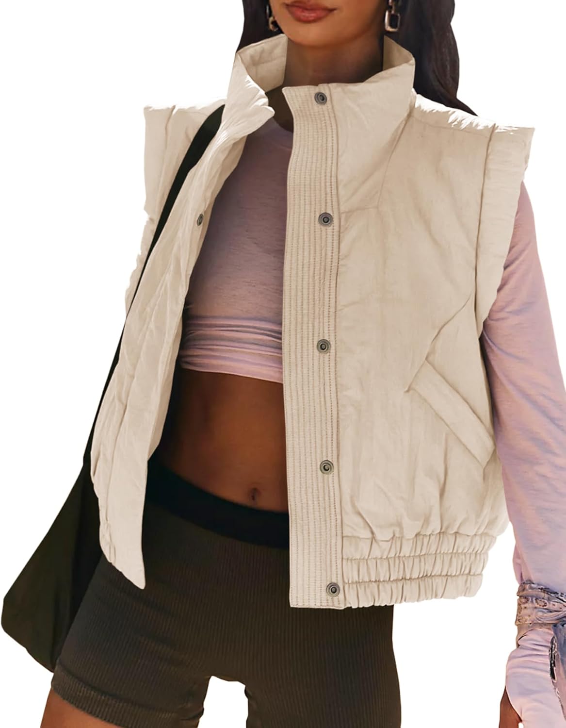 EGOCKAL Women's Lightweight Puffer Vest Button Down Crop Quilted Vest Coat Stand Collar Sleeveless Padded Gilet With Pockets