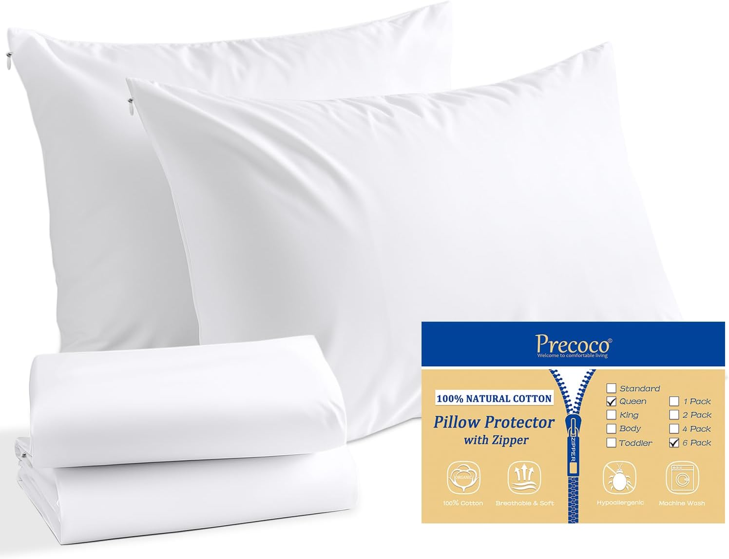 Cotton Queen Size Pillow Cases Set of 6, White Pillow Protectors with Zipper, Cooling Breathable Hidden Zippered Pillow Covers & Pillowcases Covers for Hot Sleepers, 20x30 Inches