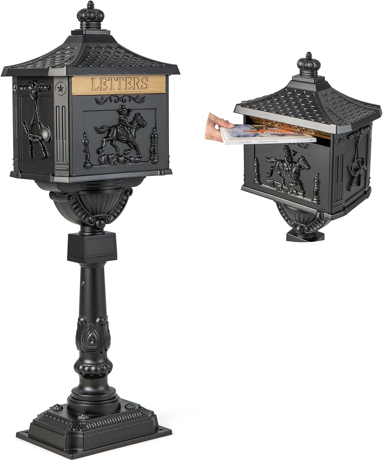 Vintage Decor Black Ornate Freestanding Lockable Post Box 117cm H x 42cm W x 38cm D Letter Box Victorian Style Cast Aluminium Waterproof (Black)