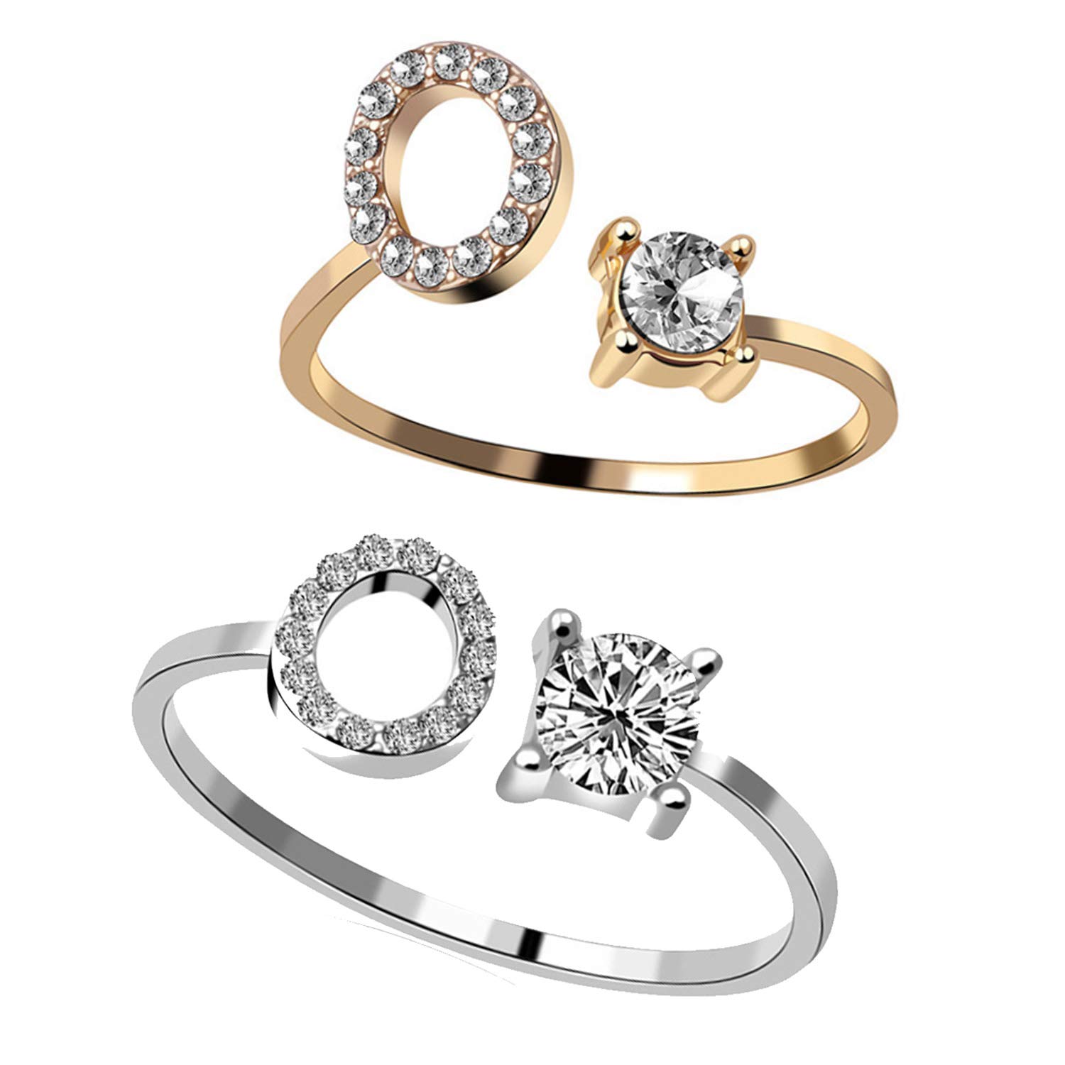 RINHOORINHOO 2PC/Set Initial Letter Alphabet Knuckle Rings A-Z Silver and Gold Crystal Adjustable Finger Ring for Women Jewelry