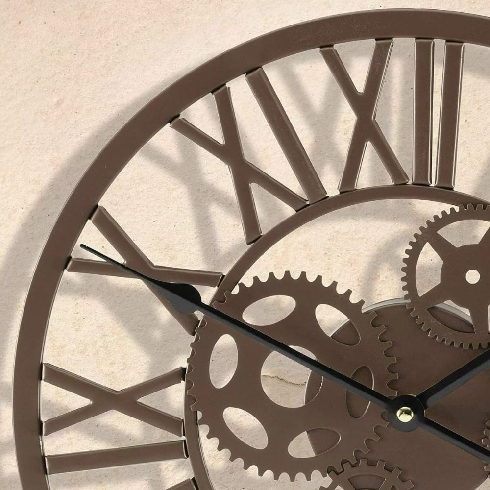 garden mile Orologio da parete tradizionale con numeri romani in stile vintage marrone impermeabile a batteria, grande metallo retrò a ingranaggio rotondo scheletro orologi da parete giardino patio