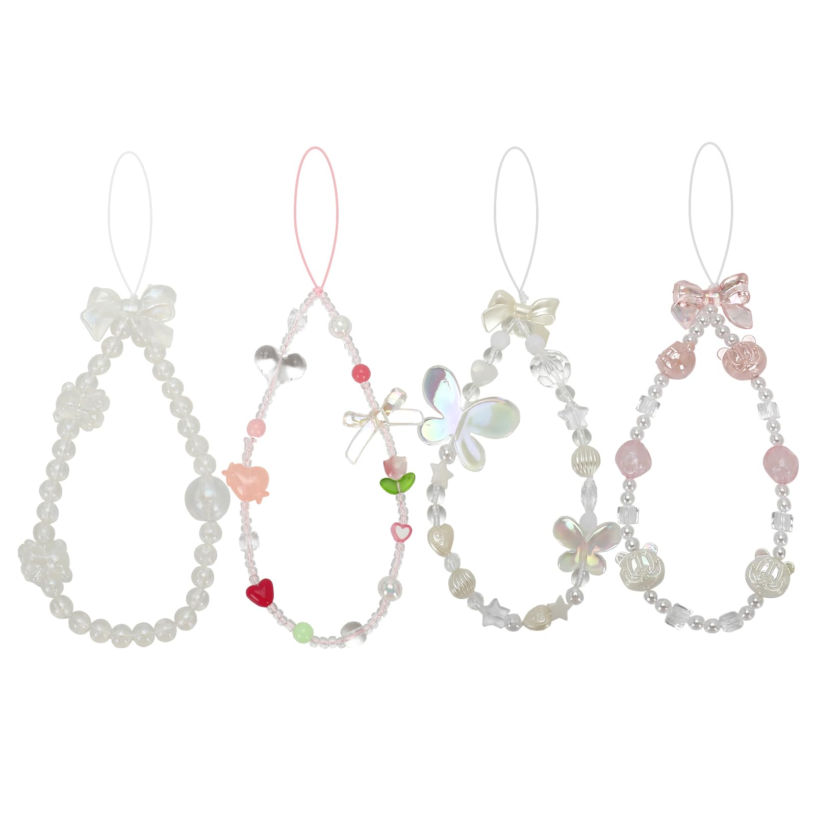 Evherv 4 Pcs Butterfly Phone Charms - Bow Knot Beaded Lanyard Wrist Chain, Love Flower Pearl Aesthetic for Girls Women (White, Pink)