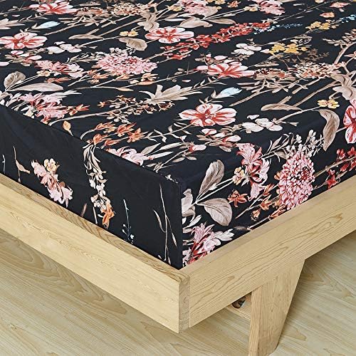 YEPINS Microfiber Fitted Sheet, 3 Piece(1 Fitted Sheet and 2 Pillowcase), Floral and Branch Printed Pattern Design Black Background- Full Size