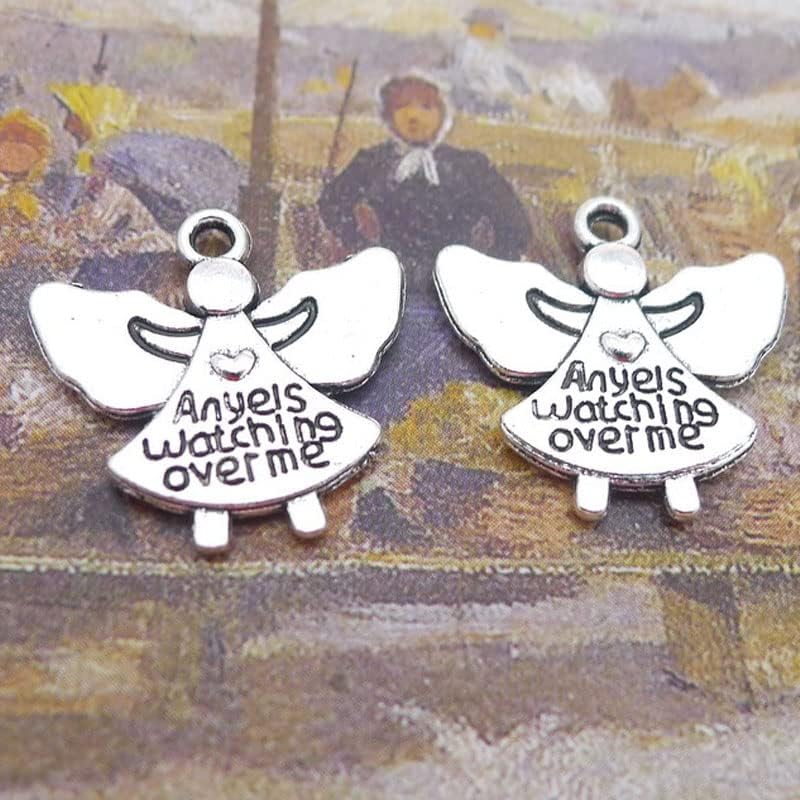 Miniatura 3 de Opexicos 50 dijes antiguos de ángeles plateados que miran sobre mí, accesorios hechos a mano para hacer 0.748 x 0.748 in