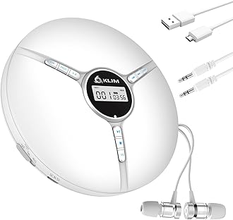 KLIM Discman Portable CD Player with Headphones, Built-in Battery - New Version - CD Players for Home, Car - Compatible w/SD Card, CD-R, CD-RW, MP3, WMA - 5 EQ Effects - White