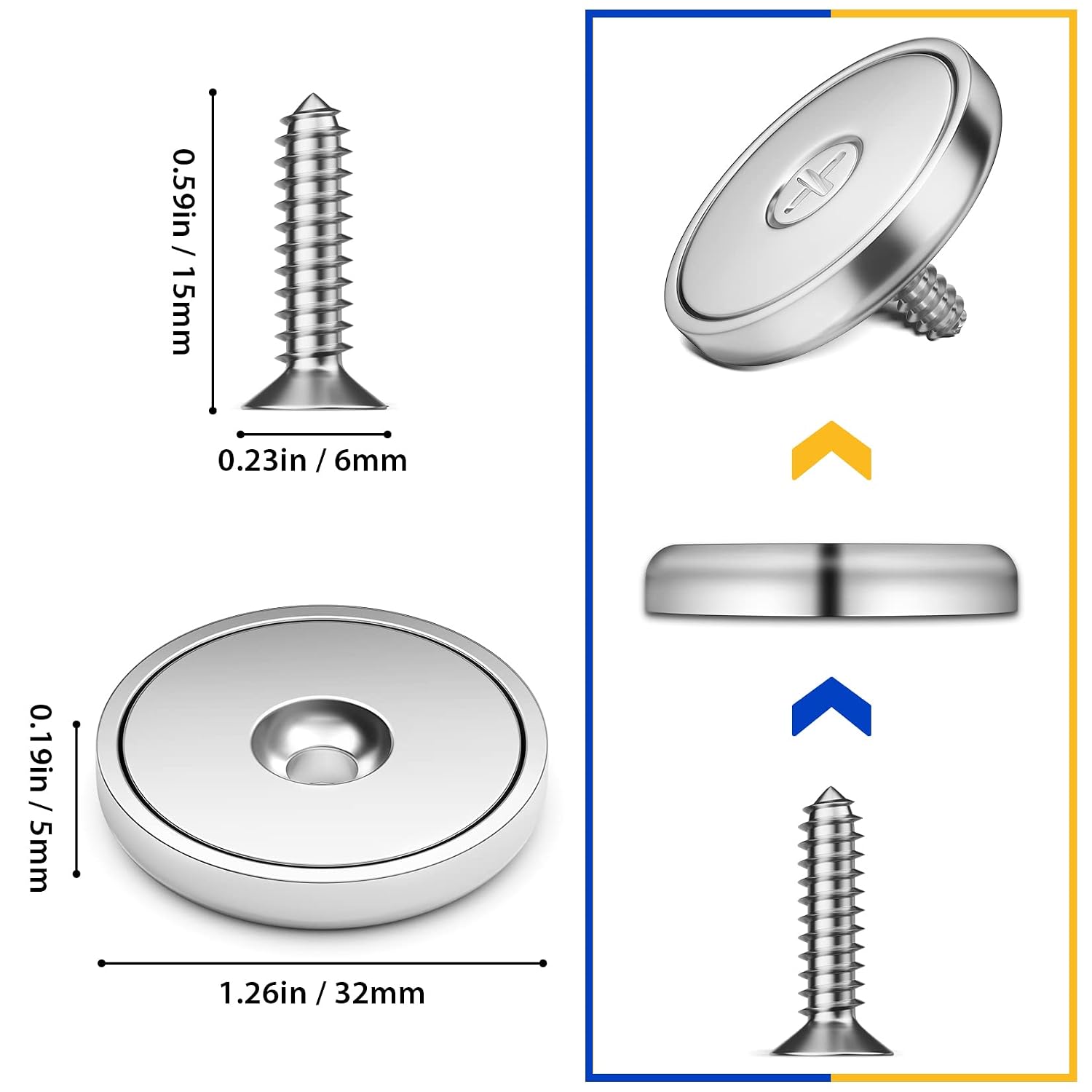 Pack of 4 Neodymium Cup Magnet with Countersunk Hole 100 LBS Pull Force Industrial Strength Round Base Rare Earth Magnets, 1.26''D x 0.2"H, Screws Included (4)
