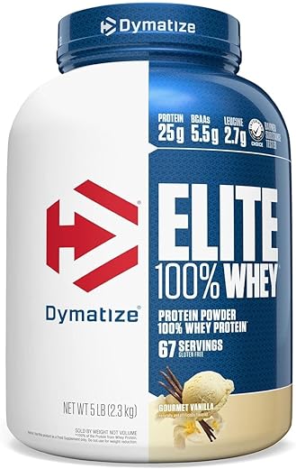 Dymatize Elite 100% Whey Protein Powder, Vanilla, 25g of Protein, 5.5g BCAAs, Less Than 140 Cal., Gluten Free, 2g Carb, 2g Sugar, 3g Fat (67 Servings)