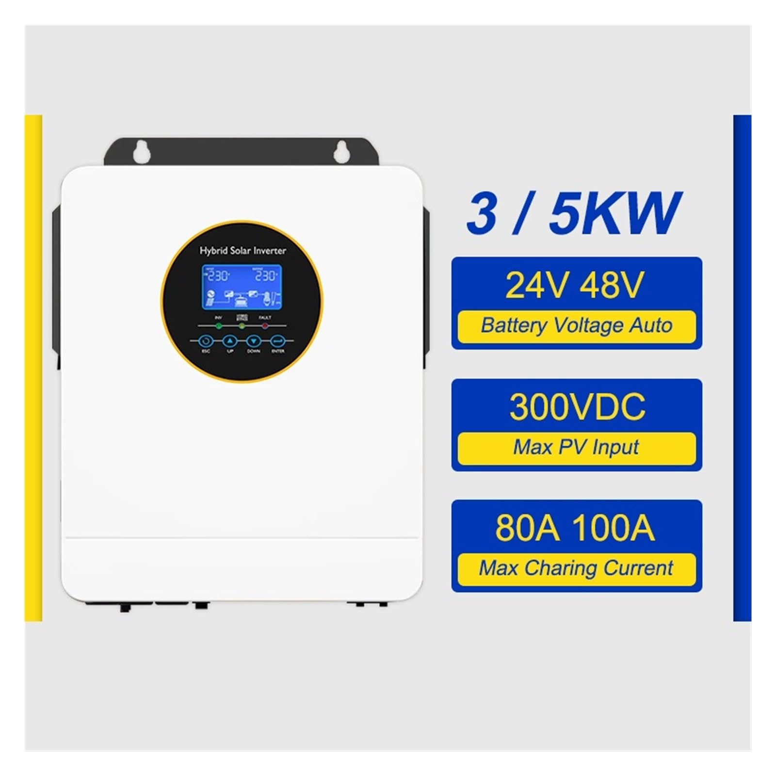 Onduleur Hybride Solaire 3kw, 5kw, 24/48V, monophasé 120V, Hors réseau, avec Chargeur Solaire 100a-120a, PV Max 300V(3KW 24V)