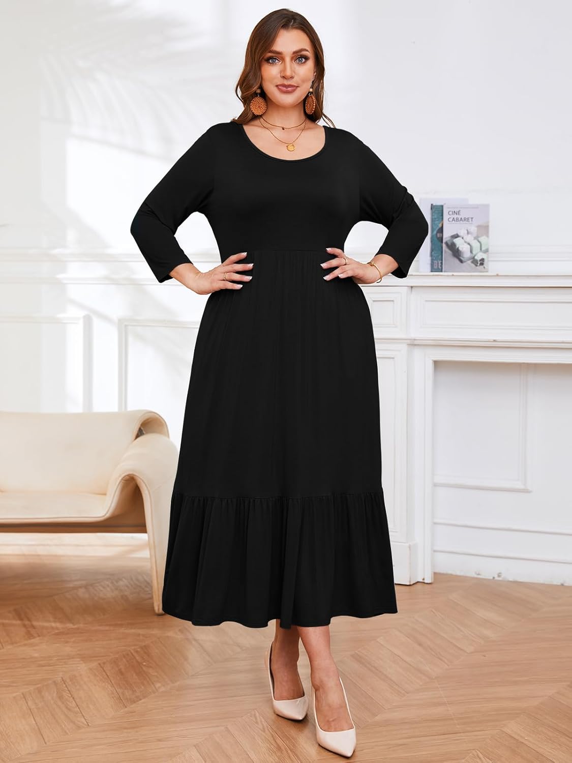 LARACE 3/4 Sleeve Dresses for Women Plus Size Casual Long Maxi Fall Winter Dress with Pockets - Image 5
