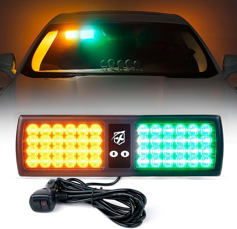 Xprite Amber Green 48LED Visor Strobe Flashing Lights Interior Windshield Sunshield Emergency Warning Lights for Police Volunteer Firefighter Vehicles Trucks