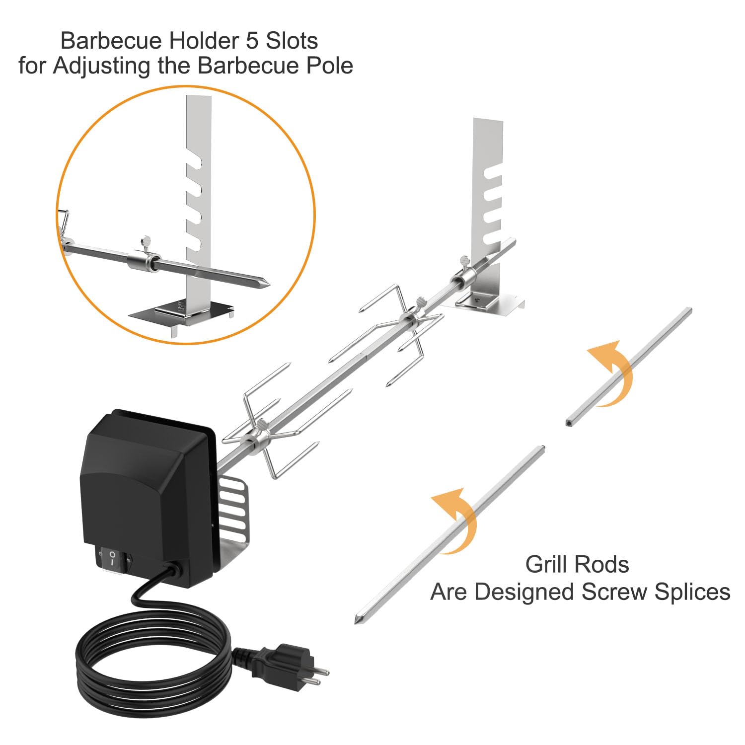 Kit de parrilla universal para barbacoa para la mayoría de parrillas de 2 a 6 quemadores, kit de motor de asador de barbacoa certificado UL con motor de 120 V 4 W, varilla de asador de 28 pulgadas, 2 3