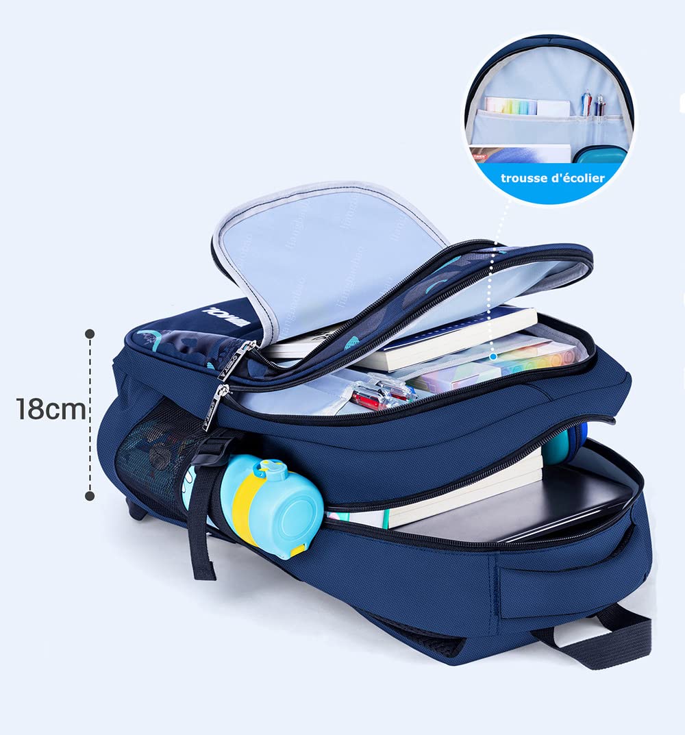 BININBOX Sac à Dos Scolaire Enfant Garçon Primaire (Bleu, 41cm,19L) | Tissu Oxford Étanche Durable, Grande Capacité à 3 Couches, Bretelles Ergonomiques Matelassées