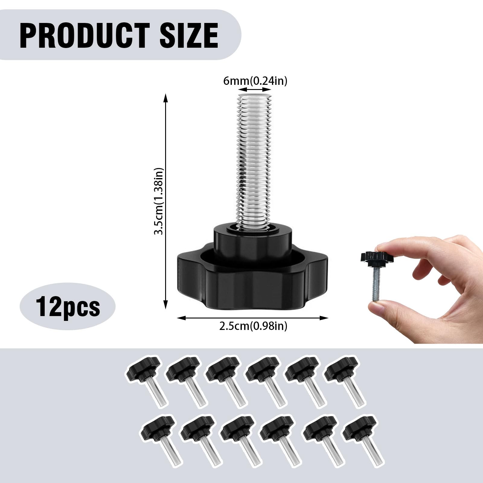 12 Pezzi Viti a Farfalla M6 x 25 mm, Dadi ad Ali in Metallo Zincato con Testa in Plastica Nero - Filettatura M6 per Mobili, Elettronica, Attrezzature Meccaniche e Applicazioni Industriali